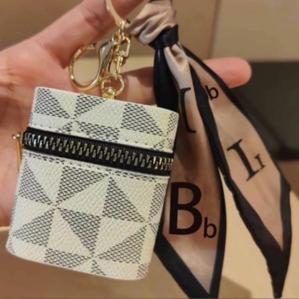 Black and White Patterned Purse Charm Keychain Pouch with Scarf